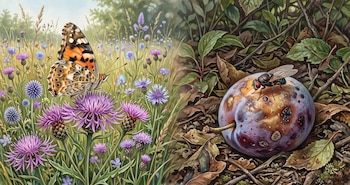 Una mariposa anaranjada sobre flores moradas a la izquierda y una mosca sobre una fruta en el suelo a la derecha