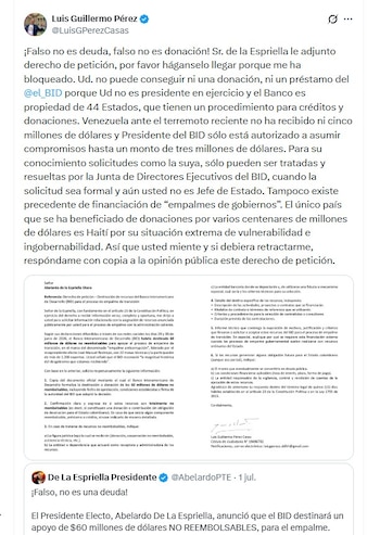 El exmagistrado Juan Guillermo Pérez sostiene que el BID cuenta con procedimientos específicos para aprobar donaciones y créditos, especialmente cuando superan determinados montos - crédito @LuisGPerezCasas/X