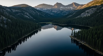 Vista aérea de un lago oscuro y tranquilo, rodeado por densos bosques de coníferas y altas montañas con cumbres rocosas y nevadas bajo un cielo claro.