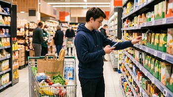 Un hombre consulta su teléfono junto a un estante de supermercado y un carro de compras con una bolsa de Instacart