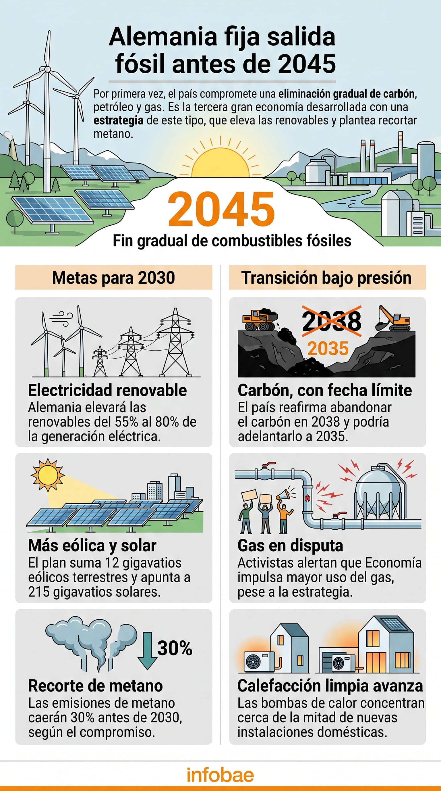 Una estrategia energética en Alemania fija el abandono gradual del carbón, el petróleo y el gas para 2045 con metas intermedias de descarbonización hacia 2030 (Imagen Ilustrativa Infobae)