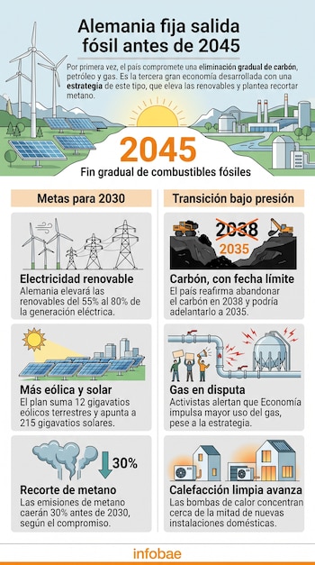 Ilustraciones de aerogeneradores, paneles solares, tuberías de gas e instalaciones industriales acompañadas de textos explicativos.