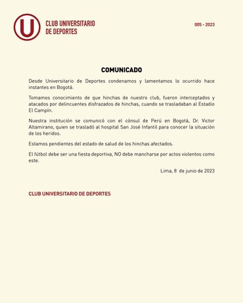 Comunicado de Universitario respecto a