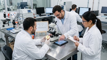 Tres científicos con batas blancas analizan media manzana junto a un microscopio, una tableta y un cartel que dice Estudio de la manzana.