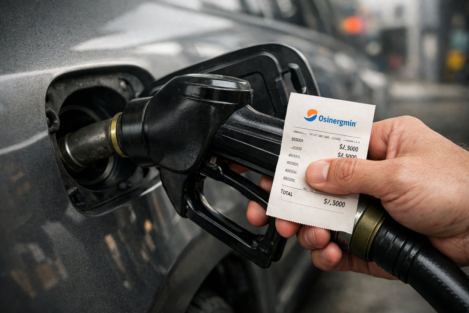 Una mano genérica carga combustible en un automóvil, sosteniendo un ticket de Osinergmin con precios en soles, ilustrando la realidad económica y el costo diario de la energía en Perú. (Imagen Ilustrativa Infobae)