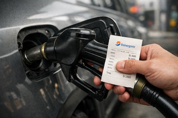 Primer plano de una mano cargando combustible en un coche gris, sosteniendo un ticket blanco con el logo de Osinergmin y precios en soles.