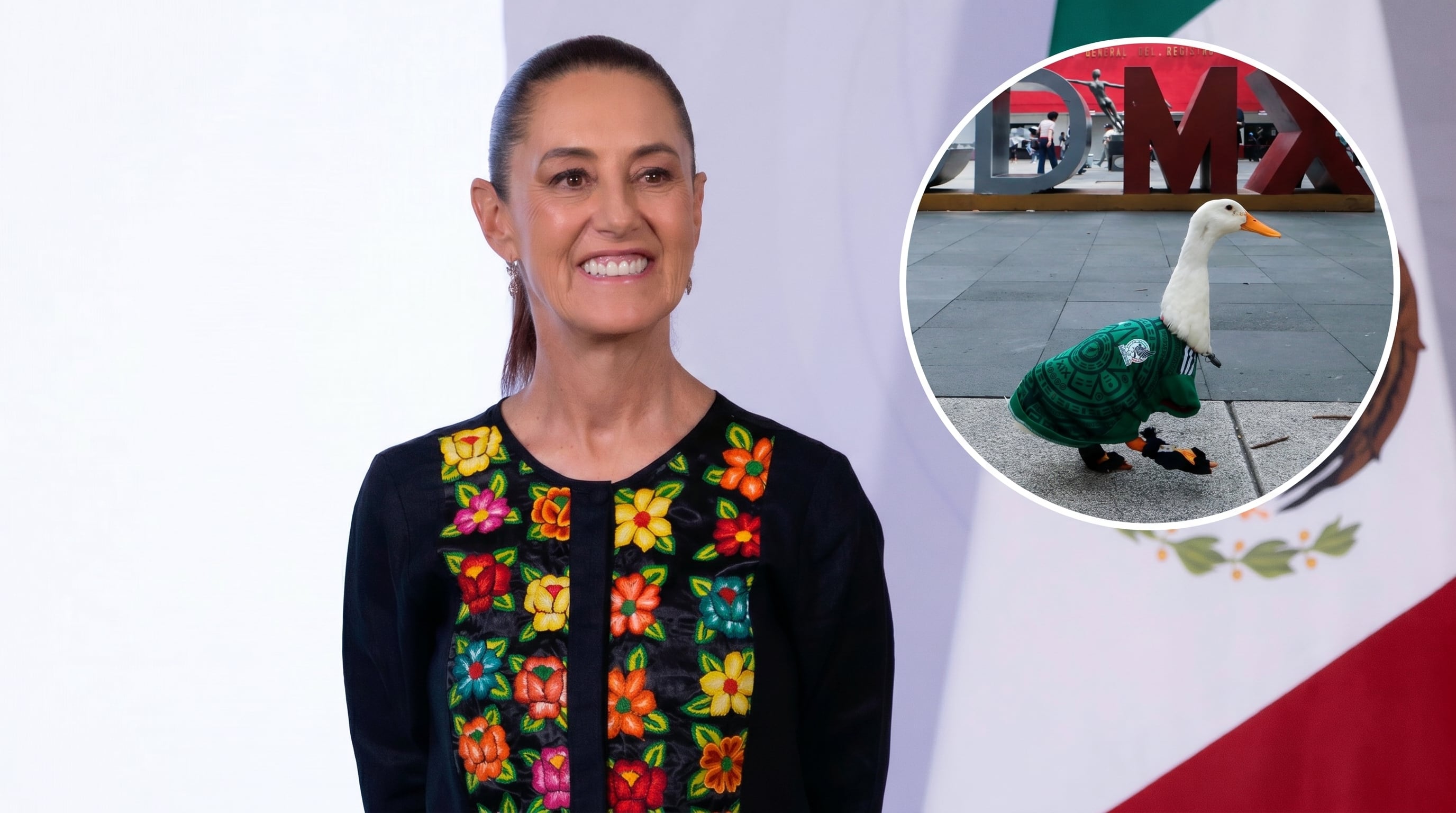 La política Claudia Sheinbaum sonríe en el contexto de la bandera mexicana, mientras una imagen insertada muestra un pato que viste la playera de México en la Ciudad de México. (Imagen Ilustrativa Infobae)