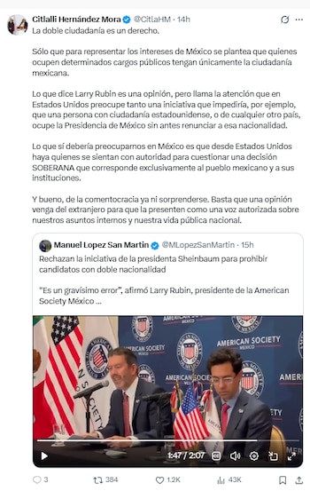 Captura de pantalla de una publicación en X de Citlalli Hernández con texto sobre ciudadanía y un video adjunto de Larry Rubin