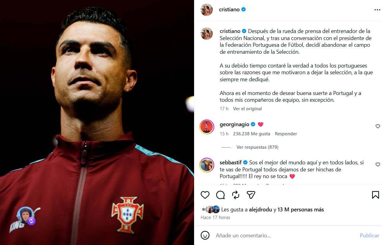 La disminución de seguidores ocurrió luego de que el delantero comunicara su salida de la concentración del equipo nacional. (Instagram: cristiano)