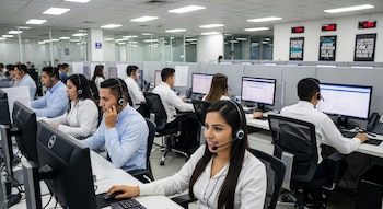 Vista general de un call center moderno con jóvenes, hombres y mujeres, sentados en cubículos usando auriculares y computadoras, trabajando en sus estaciones.