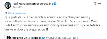 José Manuel Restrepo reaccionó al nombramiento de Omar Bula como canciller de Abelardo de la Espriella - crédito @jrestrp/X