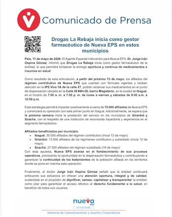 Drogas La Rebaja inicia operaciones como gestor farmacéutico en Ibagué el 13 de mayo, beneficiando a 30.000 usuarios del régimen contributivo - crédito @NuevaEPS_ / X