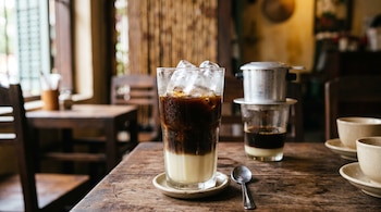 Vaso transparente con hielo, café y leche condensada en capas sobre una mesa de madera junto a un filtro metálico de café.