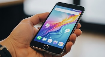 Una mano humana sostiene un teléfono inteligente de color negro con la pantalla encendida, que muestra un fondo de pantalla colorido y varias aplicaciones.