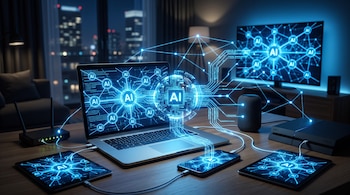 Dispositivos electrónicos sobre un escritorio conectados por líneas luminosas azules con nodos digitales en una habitación.