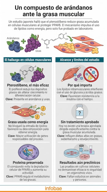 Infografía con ilustraciones de arándanos, uvas, estructuras químicas, células musculares, recipientes de laboratorio y textos explicativos.
