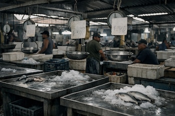 Interior de un mercado con techo de chapa, balanzas colgantes con carteles de precios, mostradores metálicos con hielo y pescados, y hombres al fondo.