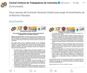 Paro en Colombia para el