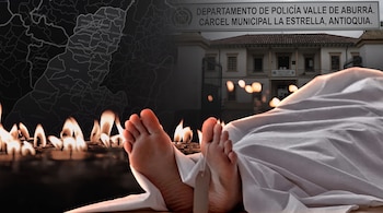 Pies con una etiqueta de identificación, un cuerpo cubierto por una sábana blanca, velas encendidas, un mapa y la fachada de una cárcel.