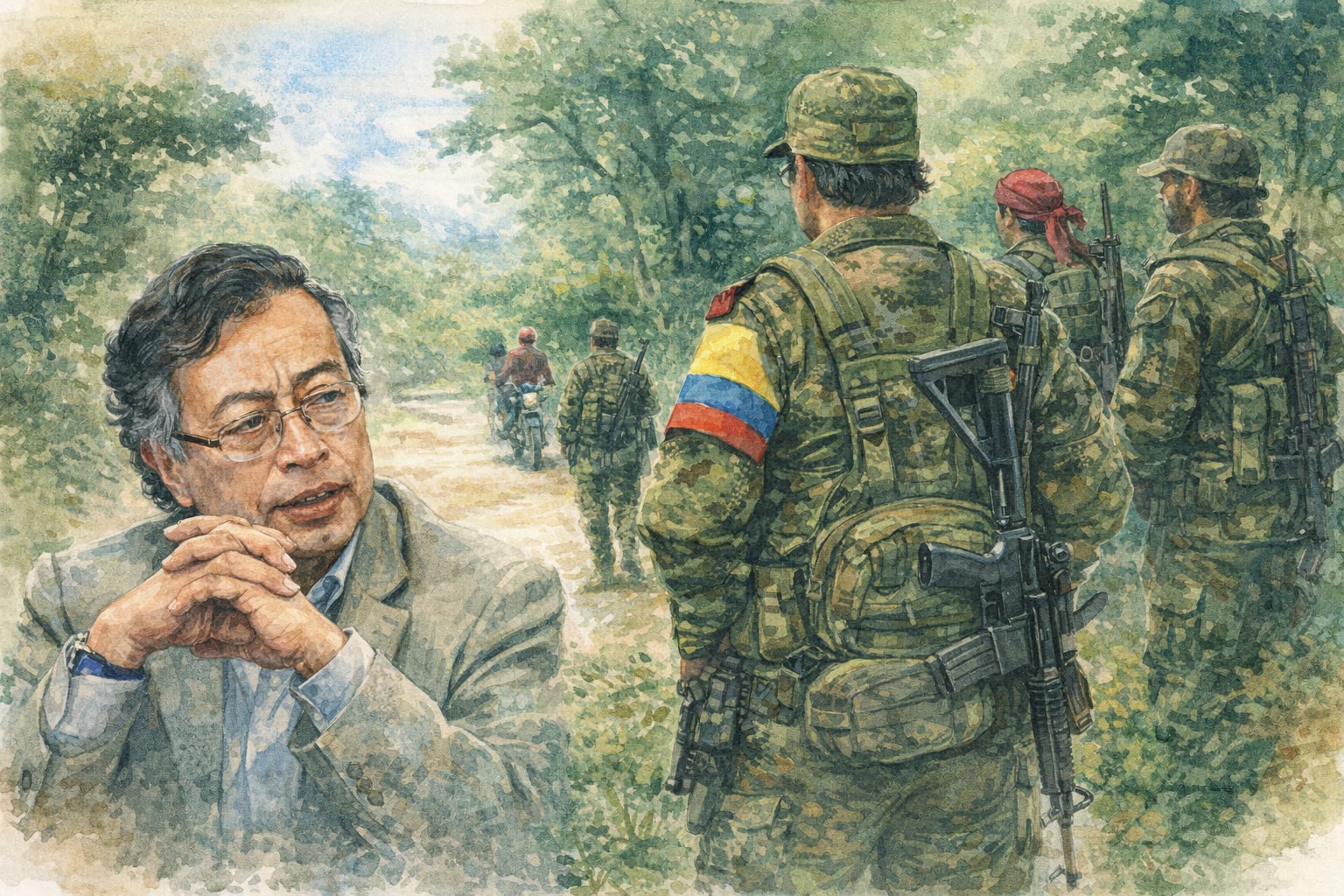 Gustavo Petro se presenta junto a un grupo de hombres uniformados y armados que transitan por un camino de tierra en un entorno selvático colombiano - crédito (Imagen Ilustrativa Infobae)