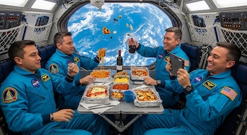 Cuatro astronautas en trajes azules disfrutan de comida italiana en la nave Orión, con la Tierra de fondo. Pizza y pasta flotan en gravedad cero.