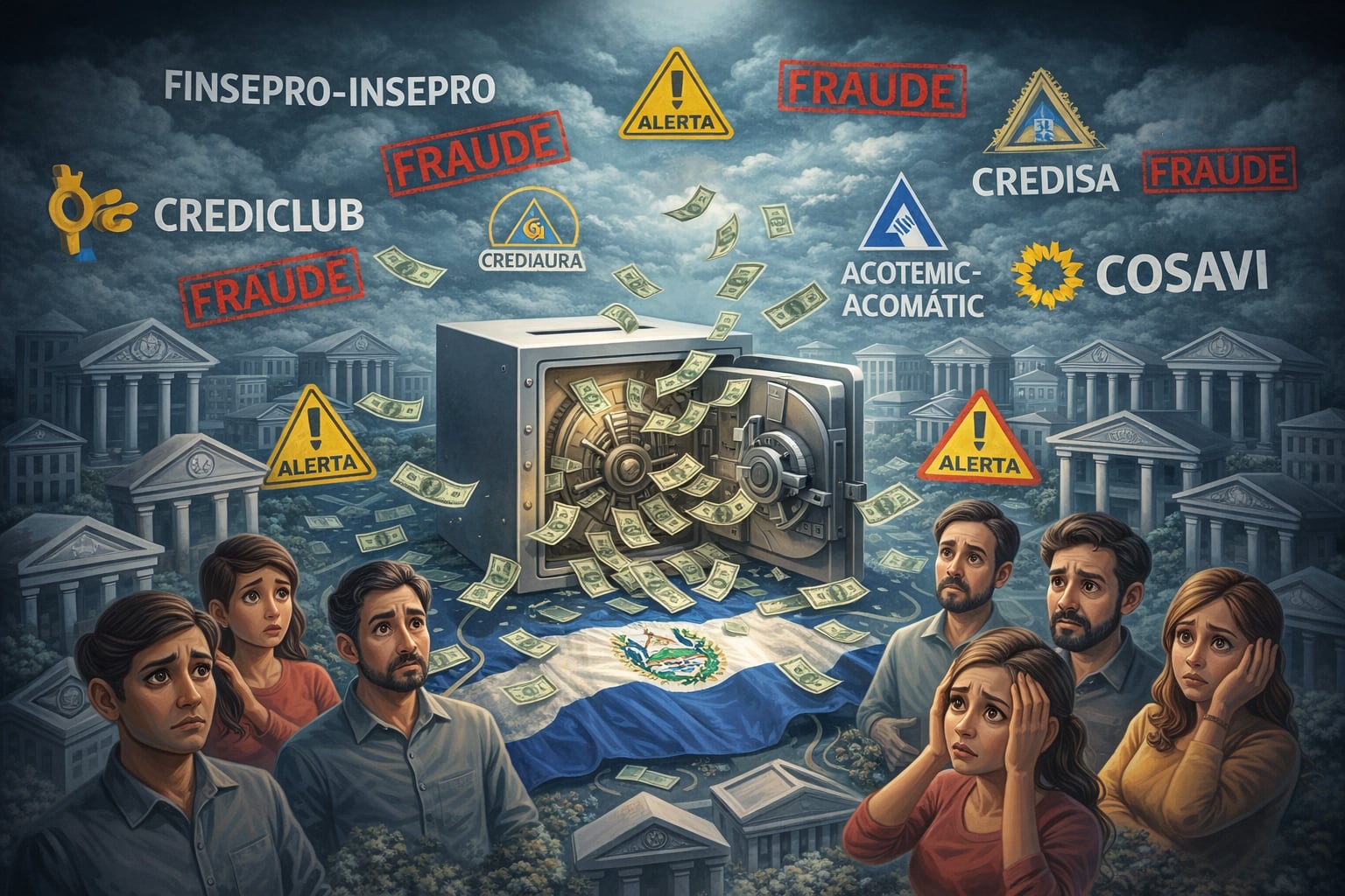 Representación conceptual que ilustra casos emblemáticos de fraudes financieros en El Salvador, como Finsepro-Insepro, Crediclub y COSAVI. (Imagen Ilustrativa Infobae)