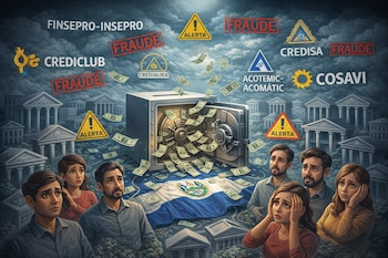 Bóveda abierta con billetes, bandera salvadoreña, edificios bancarios. Ciudadanos preocupados. Nombres de fraudes y sellos de "fraude" y "alerta" presentes.