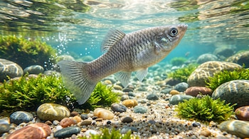Un pez gris con escamas plateadas nada bajo la superficie de agua clara, sobre un lecho de guijarros coloridos y plantas verdes bajo el sol.