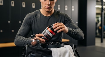Hombre guarda una botella de creatina negra en una bolsa deportiva negra con una botella de agua y auriculares, en un vestuario con taquillas al fondo.