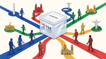 Una urna transparente con el texto TSE de El Salvador rodeada por caminos de colores con personas que llevan sobres hacia varios monumentos.