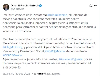 El secretario de Seguridad, Omar García Harfuch, anunció la creación del nuevo penal. (Crédito: X|@OHarfuch)