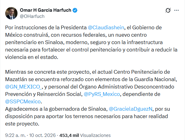 El secretario de Seguridad, Omar García Harfuch, anunció la creación del nuevo penal. (Crédito: X|@OHarfuch)