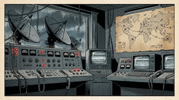 Ilustración cómic de sala de control de telecomunicaciones. Paneles con luces rojas, pantallas con estática, teléfonos descolgados, cables rotos. Mapa global con interrupciones. Antenas parabólicas.