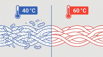 Gráfico dividido con fibras y bacterias bajo un termómetro de 40 °C a la izquierda, y fibras limpias bajo un termómetro de 60 °C a la derecha.