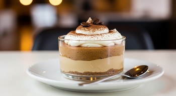 Vaso de cristal con postre de café de tres capas, crema batida, cacao en polvo y dos granos de café, servido en un plato blanco con una cuchara.
