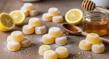 Caramelos de miel y limón redondos, cubiertos de azúcar, dispuestos sobre una mesa de madera. Hay limones cortados, un tarro de miel y un dispensador de madera.