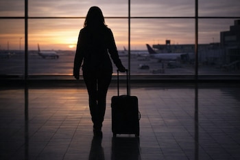 Silueta de una mujer caminando de espaldas en el interior de un aeropuerto, tirando de una maleta de mano, con un avión y el cielo anaranjado al fondo.