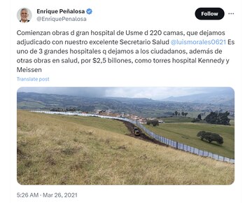 Enrique Peñalosa celebró inicio de obras del hospital de Usme el cual dejó adjudicado durante su administración - crédito @EnriquePenalosa/X
