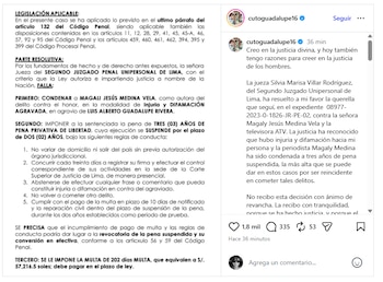 Captura de pantalla de una sentencia judicial por difamación junto a una publicación de red social