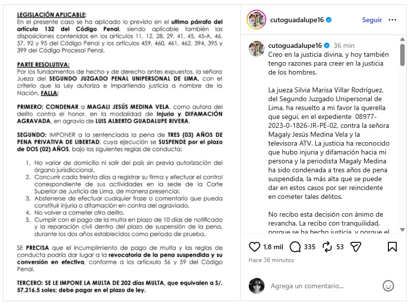 El Segundo Juzgado Penal Unipersonal de Lima condenó a Magaly Medina a tres años de prisión suspendida por difamación agravada contra Luis Alberto Guadalupe.