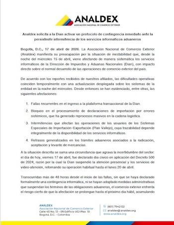 Analdex solicitó a la Dian activar un protocolo de contingencia inmediato, ante la persistente intermitencia de los servicios informáticos aduaneros - crédito Analdex