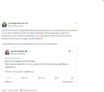 Vereador de Medellín questiona apoio de Gustavo Bolívar a Beto Coral - crédito @SantiNarvaezL/X