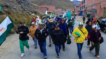 Grupo de personas, principalmente indígenas, camina por una carretera de asfalto en Bolivia. Llevan banderas bolivianas y otras verdes. Al fondo, casas de ladrillo y montañas