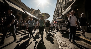 Imagen de una calle urbana con numerosas personas caminando bajo un sol brillante que produce sombras pronunciadas, mostrando edificios a los lados.
