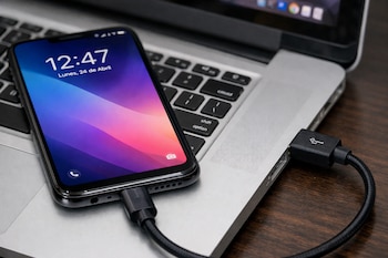 Primer plano de un teléfono celular con su pantalla encendida sobre un computador portátil, ambos unidos por un cable conector negro.