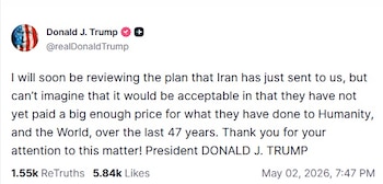 Captura de pantalla de una publicación de Donald J. Trump en redes sociales, con su foto de perfil y un texto extenso sobre un plan enviado por Irán