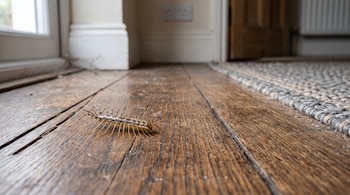 Un ciempiés sobre un suelo de madera desgastada, junto al zócalo de una pared blanca y el borde de una alfombra.
