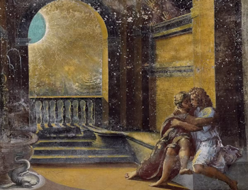 Fresco con dos figuras humanas abrazándose. Arcos, columnas y una balaustrada. Fuente decorativa con forma de serpiente. Eclipse solar parcial visible
