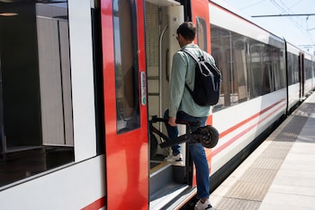 Un hombre de espaldas sube a un tren blanco y rojo portando un patinete eléctrico plegado en la mano.