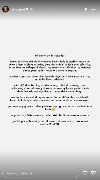 La inesperada decisión de Tini Stoessel previo a su show en El Salvador: "Intentamos hacer todo lo posible"